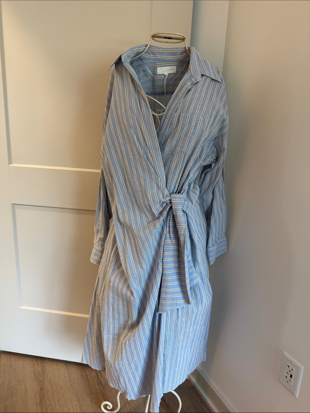 Zara Blue Stripe Tie-Waist Shirt Dress NWT